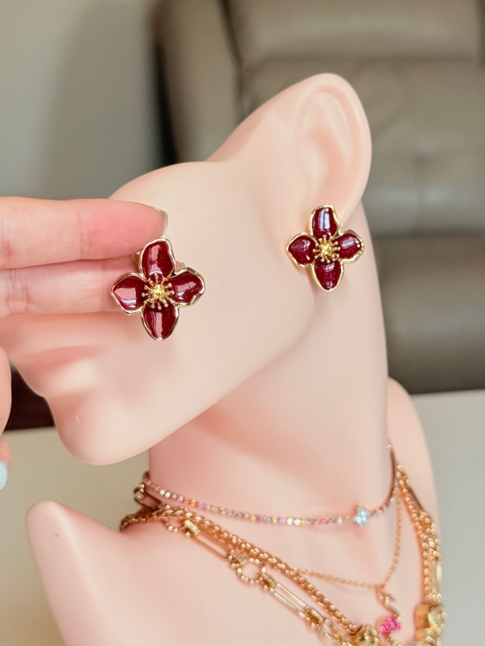 Gold and Burgundy Flower Stud Earrings - Picture 10 of 13